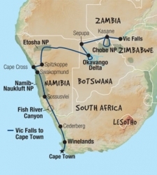 21 Day tour departing Kasane - Highlights Kasane, Spitzkoppe, Cape Cross, Swakopmund, Sesriem, Sossusvlei, Cape Town, Livingstone