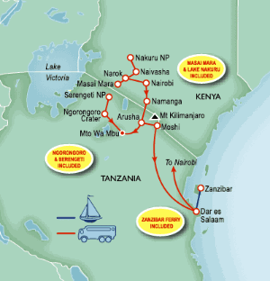 21 Day tour departing Nairobi - Highlights Nairobi, Naivasha, Narok, Amboseli, Arusha, Mto Wa Mbu, Moshi, Dar Es Salaam, Zanzibar