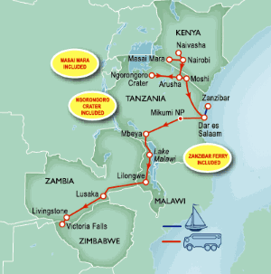 28 Day tour departing Nairobi - Highlights Nairobi, Narok, Naivasha, Namanga, Arusha, Mto Wa Mbu, Moshi, Dar Es Salaam, Zanzibar, Mbeya, Lilongwe, Lusaka, Livingstone