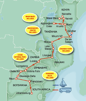 35 Day tour departing Narok - Highlights Narok, Namanga, Arusha, Mto Wa Mbu, Dar Es Salaam, Zanzibar, Mbeya, Lilongwe, Lusaka, Livingstone, Maun, Johannesburg