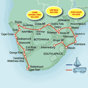 35 Day tour departing Cape Town - Highlights Cape Town, Naukluft, Sesriem, Sossusvlei, Swakopmund, Cape Cross, Outjo, Gootfontein, Bulawayo, Mutare, Bazaruto, Vilanculos, Inhambane, Ponta da Barra, Maputo, Kruger National Park, Johannesburg, Livingstone