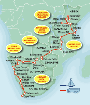 49 Day tour departing Nairobi - Highlights Nairobi, Narok, Naivasha, Namanga, Arusha, Mto Wa Mbu, Moshi, Dar Es Salaam, Zanzibar, Mbeya, Lilongwe, Lusaka, Livingstone, Maun, Grootfontein, Outjo, Cape Cross, Swakopmund, Sossusvlei, Sesriem, Naukluft, Springbok, Cape Town