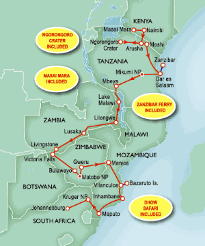 42 Day tour departing Nairobi - Highlights Nairobi, Narok, Naivasha, Namanga, Arusha, Mto Wa Mbu, Moshi, Dar Es Salaam, Zanzibar, Mbeya, Lilongwe, Lusaka, Livingstone, Bulawayo, Gweru, Mutare, Vilanculos, Bazaruto, Inhambane, Maputo, Kruger National Park, Johannesburg