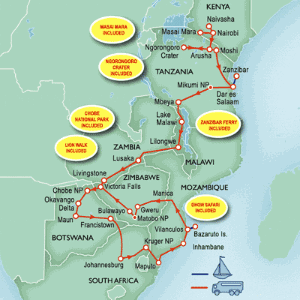 49 Day tour departing Narok - Highlights Narok, Namanga, Arusha, Mto Wa Mbu, Dar Es Salaam, Zanzibar, Lilongwe, Lusaka, Livingstone, Maun, Johannesburg, Kruger National Park, Maputo, Inhambane, Ponta da Barra, Bazaruto, Vilanculos, Mutare, Bulawayo