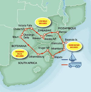 21 Day tour departing Johannesburg - Highlights Johannesburg, Maun, Bulawayo, Vilanculos, Bazaruto, Inhambane, Ponta da Barra, Maputo, Kruger National Park, Livingstone
