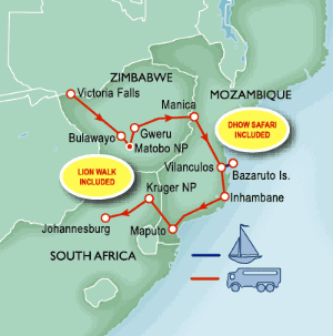 14 Day tour departing Bulawayo - Highlights Bulawayo, Gweru, Mutare, Vilanculos, Bazaruto, Inhambane, Ponta da Barra, Maputo, Kruger National Park, Johannesburg, Livingstone