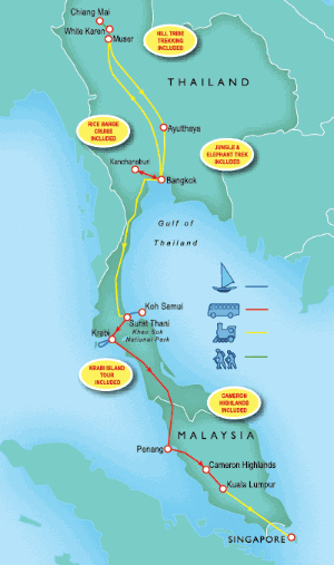 22 Day tour departing Bangkok - Highlights Bangkok, Kanchanaburi, Ayutthaya, Chiang Mai, Surat Thani, Krabi, Koh Samui, Penang, Cameron Highlands, Kuala Lumpur, Singapore