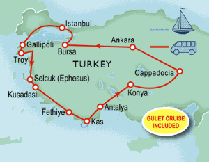 14 Day tour departing Istanbul - Highlights Istanbul, Gallipoli, Selcuk, Kusadasi, Fethiye, Antalya, Ankara, Bursa