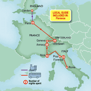 10 Day tour departing London - Highlights London, Paris, Interlaken, Nice, Florence, Rome