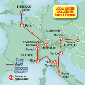 17 Day tour departing London - Highlights London, Paris, Interlaken, Nice, Florence, Rome, Venice, Salzburg, Vienna