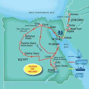 21 Day tour departing Amman - Highlights Amman, Petra, Aqaba, Suez, Cairo, Aswan, Abu Simbel, Kom Ombo, Edfu, Luxor, Hurghada, Giza, Sharm El Sheikh