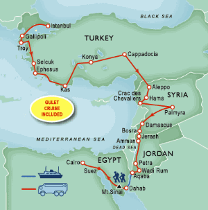 21 Day tour departing Istanbul - Highlights Istanbul, Gallipoli, Troy, Selcuk, Ephesus, Olympos, Goreme, Aleppo, Hama, Homs, Palmyra, Jerash, Amman, Petra, Aqaba, Suez, Cairo, Sharm El Sheikh