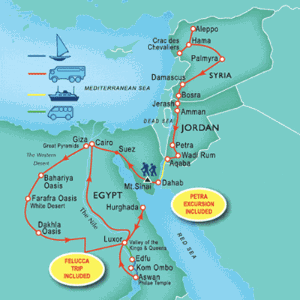 28 Day tour departing Amman - Highlights Amman, Aleppo, Hama, Palmyra, Homs, Jerash, Petra, Aqaba, Suez, Cairo, Aswan, Abu Simbel, Kom Ombo, Edfu, Luxor, Hurghada, Giza, Sharm El Sheikh