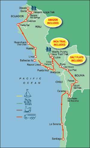 56 Day tour departing Quito - Highlights Quito, Otavalo, Banos, Rio Verde, Cuenca, Punta Sal, Huaraz, Lima, Paracas, Arequipa, Chivay, Cuzco, Lares, Puno, La Paz, Potosi, Uyuni, Altiplano, San Pedro De Atacama, La Serena, Santiago