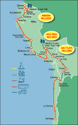 56 Day tour departing Quito - Highlights Quito, Otavalo, Banos, Rio Verde, Cuenca, Punta Sal, Huaraz, Lima, Chivay, Arequipa, Cuzco, Lares, Puno, La Paz, Potosi, Sucre, Uyuni, Altiplano, San Pedro De Atacama, La Serena, Santiago