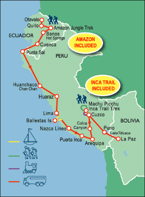 42 Day tour departing Quito - Highlights Quito, Otavalo, Banos, Rio Verde, Cuenca, Punta Sal, Huaraz, Lima, Paracas, Arequipa, Chivay, Lares, Puno, La Paz, Cuzco