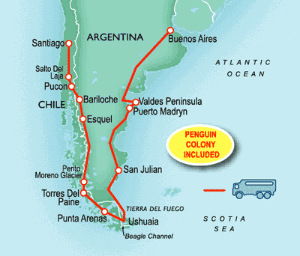 30 Day tour departing Santiago - Highlights Santiago, Pucon, Bariloche, El Chalten, El Calafate, Punta Arenas, Ushuaia, Puerto Madryn, Buenos Aires