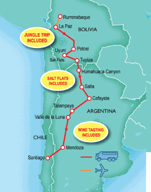 21 Day tour departing La Paz - Highlights La Paz, Rurrenabaque, Potosi, Uyuni, Humahuaca, Salta, Cafayate, Mendoza, Santiago