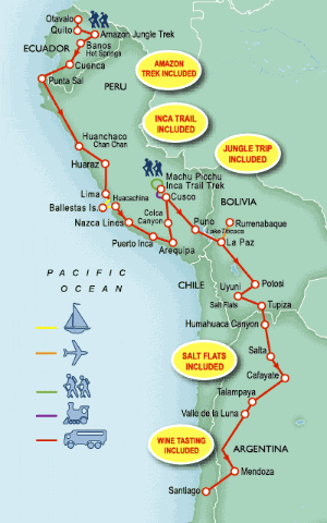 63 Day tour departing Quito - Highlights Quito, Otavalo, Banos, Rio Verde, Cuenca, Punta Sal, Huaraz, Lima, Paracas, Arequipa, Chivay, Cuzco, Lares, Puno, La Paz, Rurrenabaque, Potosi, Uyuni, Humahuaca, Salta, Cafayate, Mendoza, Santiago