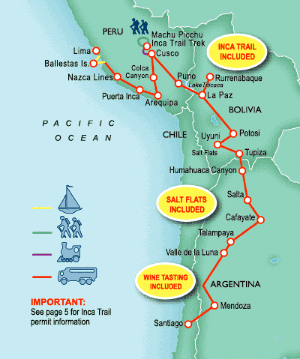 42 Day tour departing Lima - Highlights Lima, Paracas, Arequipa, Chivay, Lares, Cuzco, Puno, La Paz, Rurrenabaque, Potosi, Uyuni, Humahuaca, Salta, Cafayate, Mendoza, Santiago