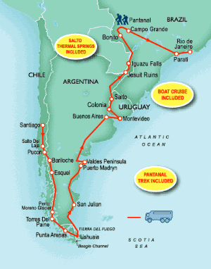 51 Day tour departing Santiago - Highlights Santiago, Pucon, Bariloche, El Chalten, El Calafate, Punta Arenas, Ushuaia, Valdes Peninsula, Puerto Madryn, Buenos Aires, Montevideo, Salto, San Ignacio, Bonito, Pantanal, Campo Grande, Rio De Janeiro, Puerto Iguazu
