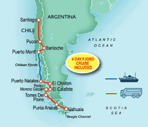 21 Day tour departing Santiago - Highlights Santiago, Pucon, Bariloche, Puerto Montt, Puerto Natales, El Chalten, El Calafate, Punta Arenas, Ushuaia
