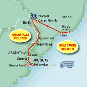 21 Day tour departing Buenos Aires - Highlights Buenos Aires, Montevideo, Salto, San Ignacio, Bonito, Pantanal, Campo Grande, Parati, Rio De Janeiro, Puerto Iguazu