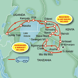 26 Day tour departing Nairobi - Highlights Nairobi, Jinja, Kampala, Narok, Amboseli, Arusha