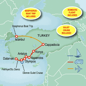 12 Day tour departing Istanbul - Highlights Istanbul, Kayseri, Avanos, Goreme, Konya, Antalya, Olympos, Fethiye, Oludeniz, Dalaman