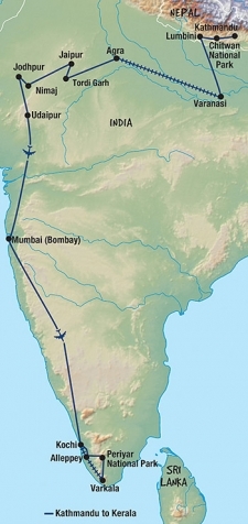 28 Day tour departing Kathmandu - Highlights Kathmandu, Varanasi, Agra, Jaipur, Bagh, Jodhpur, Udaipur, Mamallapuram, Pondicherry, Madurai, Varkala, Alleppey, Kochi