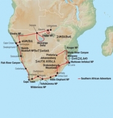 44 Day tour departing Pretoria - Highlights Pretoria, Johannesburg, Kruger National Park, Maputo, Durban, Umtata, Cintsa, Port Elizabeth, Oudtshoorn, Cape Town, Sesriem, Sossusvlei, Swakopmund, Cape Cross, Spitzkoppe, Livingstone, Sao tiago