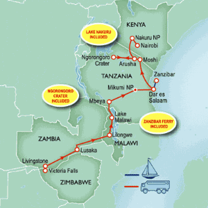 22 Day tour departing Livingstone - Highlights Livingstone, Lusaka, Lilongwe, Iringa, Dar Es Salaam, Zanzibar, Arusha, Mto Wa Mbu, Nairobi