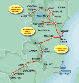 42 Day tour departing Nairobi - Highlights Nairobi, Jinja, Kampala, Naivasha, Narok, Arusha, Dar Es Salaam, Lilongwe, Lusaka, Livingstone, Zanzibar
