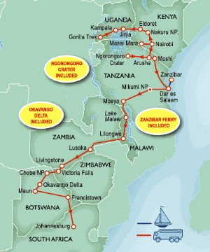 49 Day tour departing Nairobi - Highlights Nairobi, Jinja, Kampala, Naivasha, Narok, Arusha, Dar Es Salaam, Lilongwe, Lusaka, Livingstone, Maun, Zanzibar