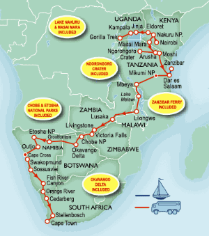 63 Day tour departing Nairobi - Highlights Nairobi, Jinja, Kampala, Naivasha, Narok, Arusha, Dar Es Salaam, Lilongwe, Lusaka, Livingstone, Maun, Swakopmund, Sesriem, Sossusvlei, Cape Town, Zanzibar
