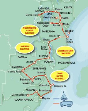 56 Day tour departing Nairobi - Highlights Nairobi, Jinja, Kampala, Naivasha, Narok, Arusha, Dar Es Salaam, Zanzibar, Lilongwe, Lusaka, Livingstone, Bulawayo, Vilanculos, Bazaruto, Ponta da Barra, Maputo, Kruger National Park, Johannesburg