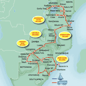 63 Day tour departing Nairobi - Highlights Nairobi, Jinja, Kampala, Naivasha, Narok, Arusha, Dar Es Salaam, Lilongwe, Lusaka, Livingstone, Maun, Johannesburg, Kruger National Park, Maputo, Ponta da Barra, Inhambane, Bazaruto, Vilanculos, Bulawayo, Zanzibar