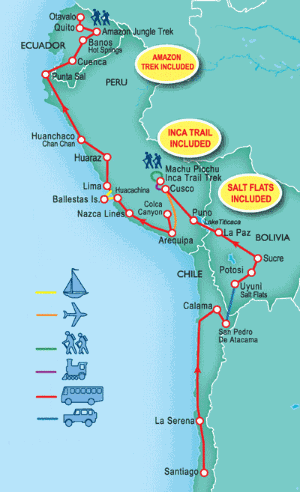 56 Day tour departing Santiago - Highlights Santiago, La Serena, San Pedro De Atacama, Altiplano, Uyuni, Sucre, Potosi, La Paz, Puno, Cuzco, Lares, Arequipa, Chivay, Lima, Huaraz, Punta Sal, Cuenca, Banos, Rio Verde, Otavalo, Quito