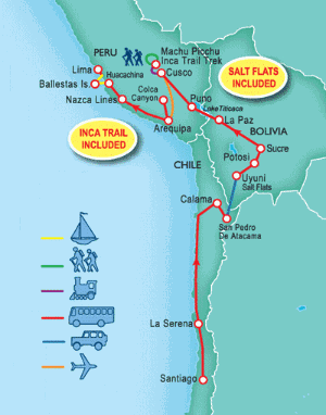 35 Day tour departing Santiago - Highlights Santiago, La Serena, San Pedro De Atacama, Altiplano, Uyuni, Sucre, Potosi, La Paz, Puno, Cuzco, Arequipa, Chivay, Lima