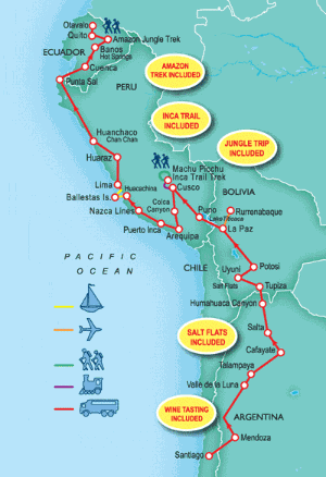 63 Day tour departing Santiago - Highlights Santiago, Mendoza, Cafayate, Salta, Uyuni, Potosi, La Paz, Rurrenabaque, Puno, Cuzco, Lares, Arequipa, Chivay, Lima, Huaraz, Punta Sal, Cuenca, Banos, Rio Verde, Otavalo, Quito