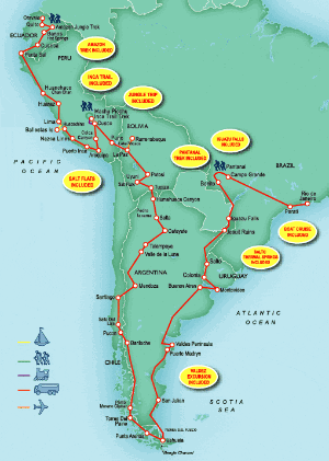 114 Day tour departing Rio De Janeiro - Highlights Rio De Janeiro, Parati, Campo Grande, Pantanal, Bonito, Salto, Montevideo, Buenos Aires, Puerto Madryn, Valdes Peninsula, Ushuaia, Punta Arenas, El Calafate, El Chalten, Bariloche, Pucon, Santiago, Mendoza, Cafayate, Salta, Uyuni, Potosi, La Paz, Rurrenabaque, Puno, Cuzco, Lares, Arequipa, Lima, Huaraz, Punta Sal, Cuenca, Banos, Rio Verde, Otavalo, Quito, Puerto Iguazu
