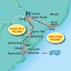 21 Day tour departing Rio De Janeiro - Highlights Rio De Janeiro, Parati, Campo Grande, Pantanal, Bonito, San Ignacio, Salto, Montevideo, Buenos Aires, Puerto Iguazu