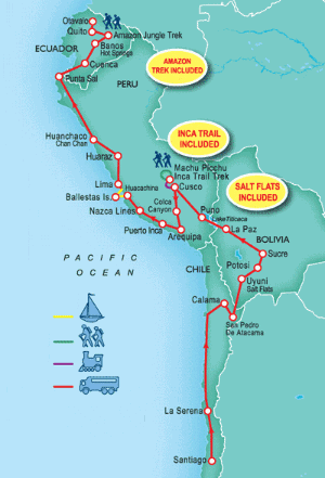 56 Day tour departing Santiago - Highlights Santiago, La Serena, San Pedro De Atacama, Altiplano, Uyuni, Potosi, La Paz, Puno, Cuzco, Lares, Arequipa, Chivay, Paracas, Lima, Huaraz, Cuenca, Banos, Rio Verde, Otavalo, Quito