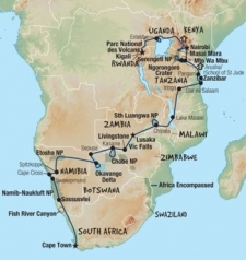 56 Day tour departing Cape Town - Highlights Cape Town, Sesriem, Sossusvlei, Swakopmund, Cape Cross, Spitzkoppe, Kasane, Livingstone, Lusaka, Chipata, Lilongwe, Iringa, Dar Es Salaam, Zanzibar, Arusha, Mto Wa Mbu, Nairobi, Jinja, Entebbe, Ruhengeri, Kigali