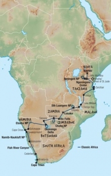 42 Day tour departing Nairobi - Highlights Nairobi, Arusha, Mto Wa Mbu, Dar Es Salaam, Zanzibar, Iringa, Lilongwe, Chipata, Lusaka, Livingstone, Kasane, Spitzkoppe, Cape Cross, Swakopmund, Sesriem, Sossusvlei, Cape Town