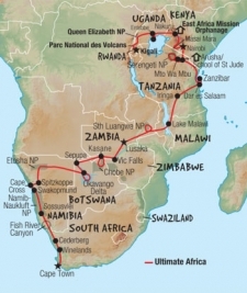 56 Day tour departing Kigali - Highlights Kigali, Ruhengeri, Entebbe, Jinja, Nairobi, Arusha, Mto Wa Mbu, Dar Es Salaam, Zanzibar, Iringa, Lilongwe, Chipata, Lusaka, Livingstone, Kasane, Spitzkoppe, Cape Cross, Swakopmund, Sesriem, Sossusvlei, Cape Town