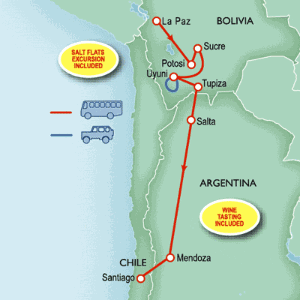 15 Day tour departing La Paz - Highlights La Paz, Sucre, Potosi, Uyuni, Salta, Mendoza, Santiago