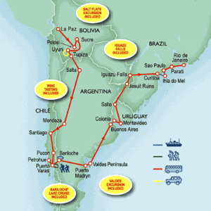 45 Day tour departing La Paz - Highlights La Paz, Sucre, Potosi, Uyuni, Salta, Mendoza, Santiago, Pucon, Puerto Varas, Bariloche, Puerto Madryn, Valdes Peninsula, Buenos Aires, Montevideo, Salto, San Ignacio, Curitiba, Parati, Rio De Janeiro, Puerto Iguazu