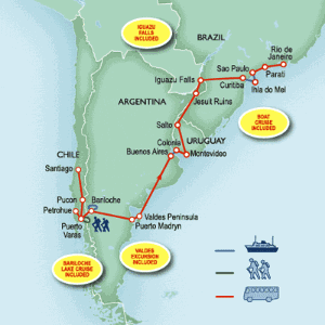 30 Day tour departing Santiago - Highlights Santiago, Pucon, Puerto Varas, Bariloche, Puerto Madryn, Valdes Peninsula, Buenos Aires, Montevideo, Salto, San Ignacio, Curitiba, Parati, Rio De Janeiro, Puerto Iguazu