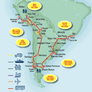 66 Day tour departing Lima - Highlights Lima, Arequipa, Chivay, Cuzco, Lares, Puno, La Paz, Sucre, Potosi, Uyuni, Salta, Mendoza, Santiago, Pucon, Puerto Varas, Bariloche, Puerto Madryn, Valdes Peninsula, Buenos Aires, Montevideo, Salto, Curitiba, Parati, Rio De Janeiro, Puerto Iguazu